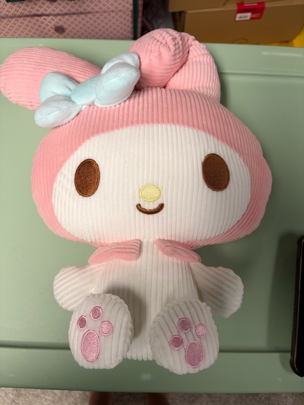 Sanrio My Melody Pink and White Corduroy Plush with Light Blue Bow